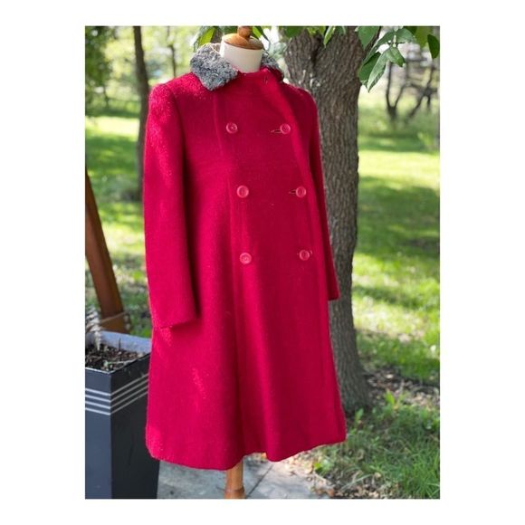 60s Best & Co Red Wool Pea Coat Dress Coat Persian Fur Collar Fall Jacket - Picture 1 of 16